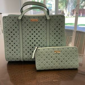 Kate Spade Newbury Lane Caning Light Blue Perforated Satchel & Wallet
